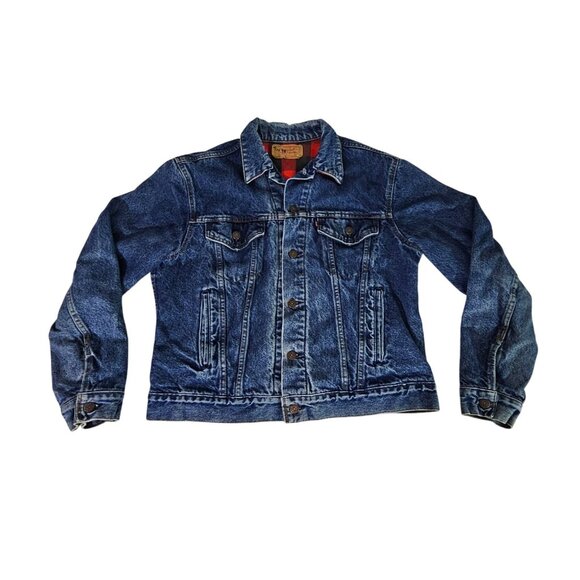 Vintage 80’s Levis 70411 0816 Buffalo Plaid Lined Denim Trucker Jacket Size 44 - Picture 1 of 8